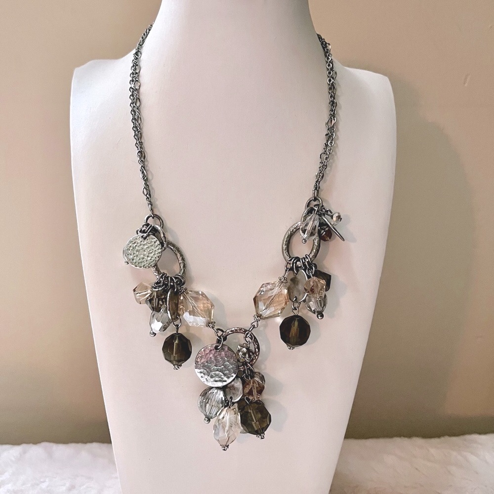 WHBM Multi-Strand Smoky Topaz & Hammered Discs Pendant Charms Silver Necklace